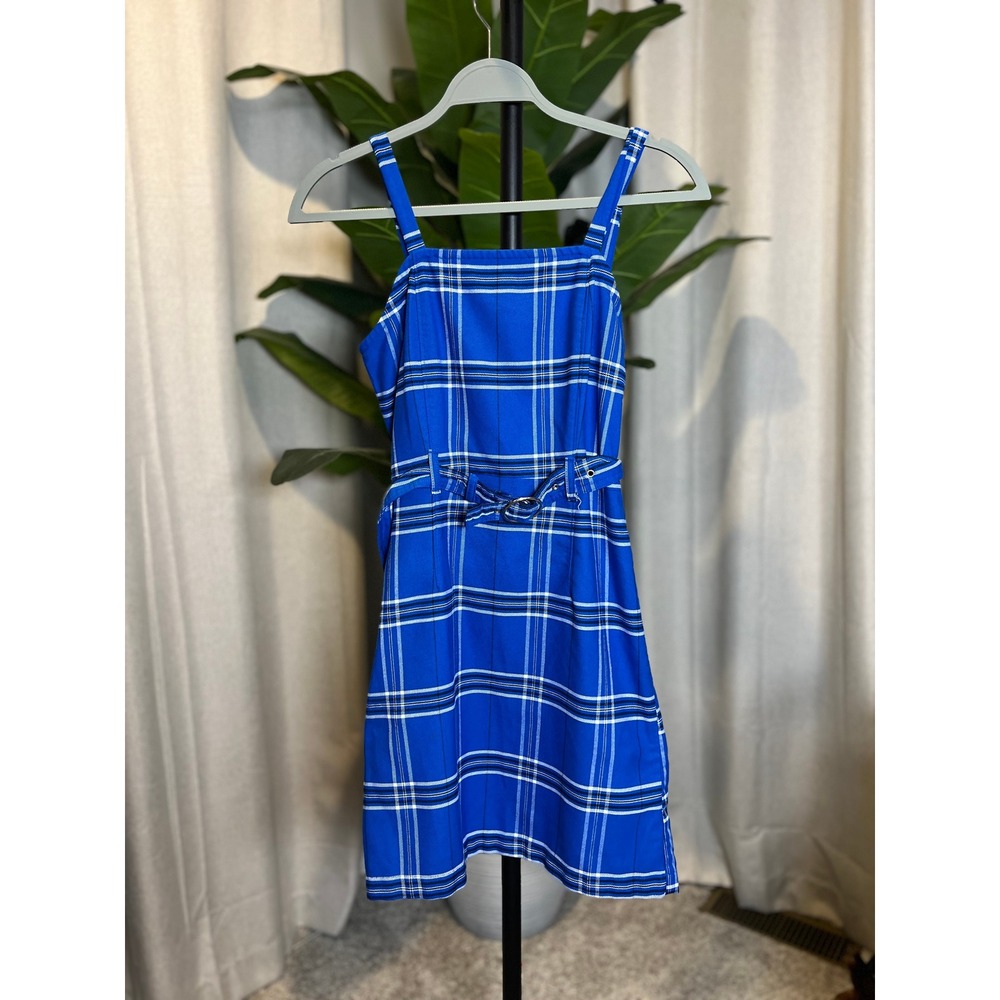 Justice Girls Blue Plaid Pinafore Dress Square Neck O-Ring Belt Size 16